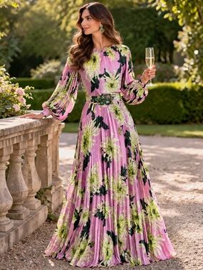 Andrew Gn Silk Floral Pleated Gown Embellished Belt Maxi Dress Luxury Designer